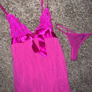 Victoria's Secret Hot Pink Sheer Lace Ribbon Chemise Nightgown Thong Set Small